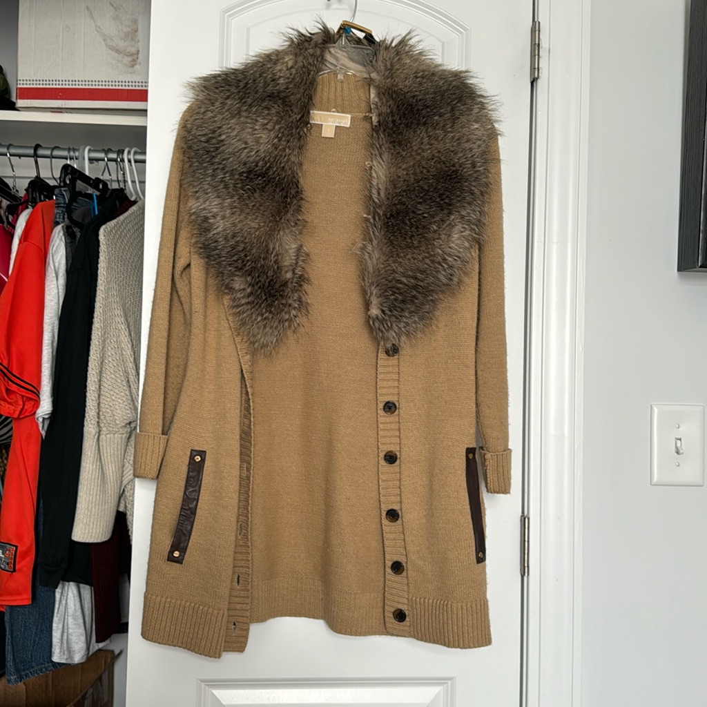 Michael Kors Belted Sweater Jacket W/Faux Fur Size S